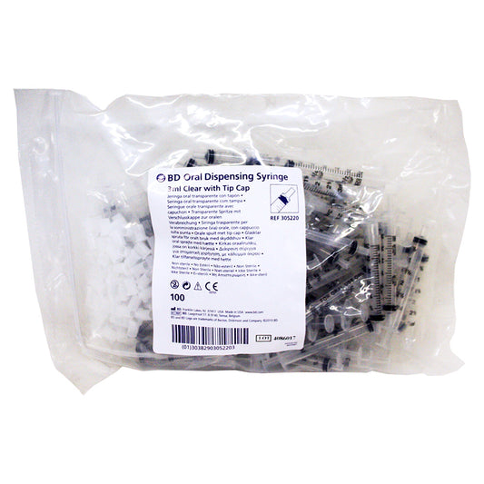 BD Oral Dispensing Syringe 3 ml Clear w/ Tip Cap 100 ct bag