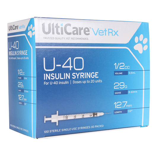 محقنة الأنسولين UltiCare U-40، نصف سم مكعب، مقياس 29 × نصف بوصة، 100 حقنة بدون التخلص منها