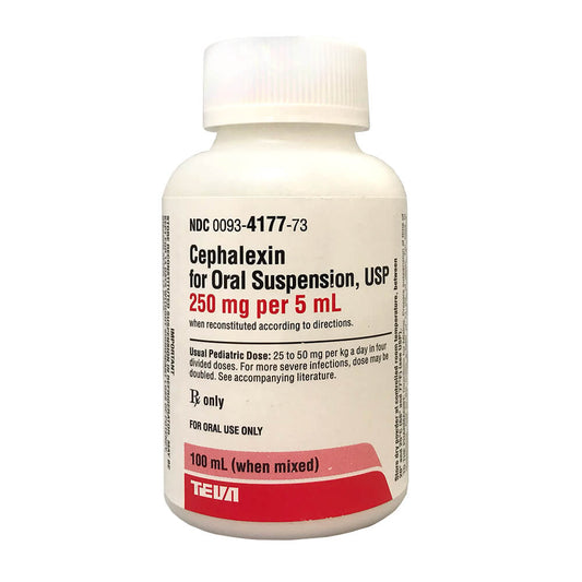 Suspensión de cefalexina 250 mg/5 ml x 100 ml (Rx).