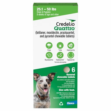Rx Credelio Quattro Chewable Tablets for dogs, 25.1-50lbs 6 chewable tabs