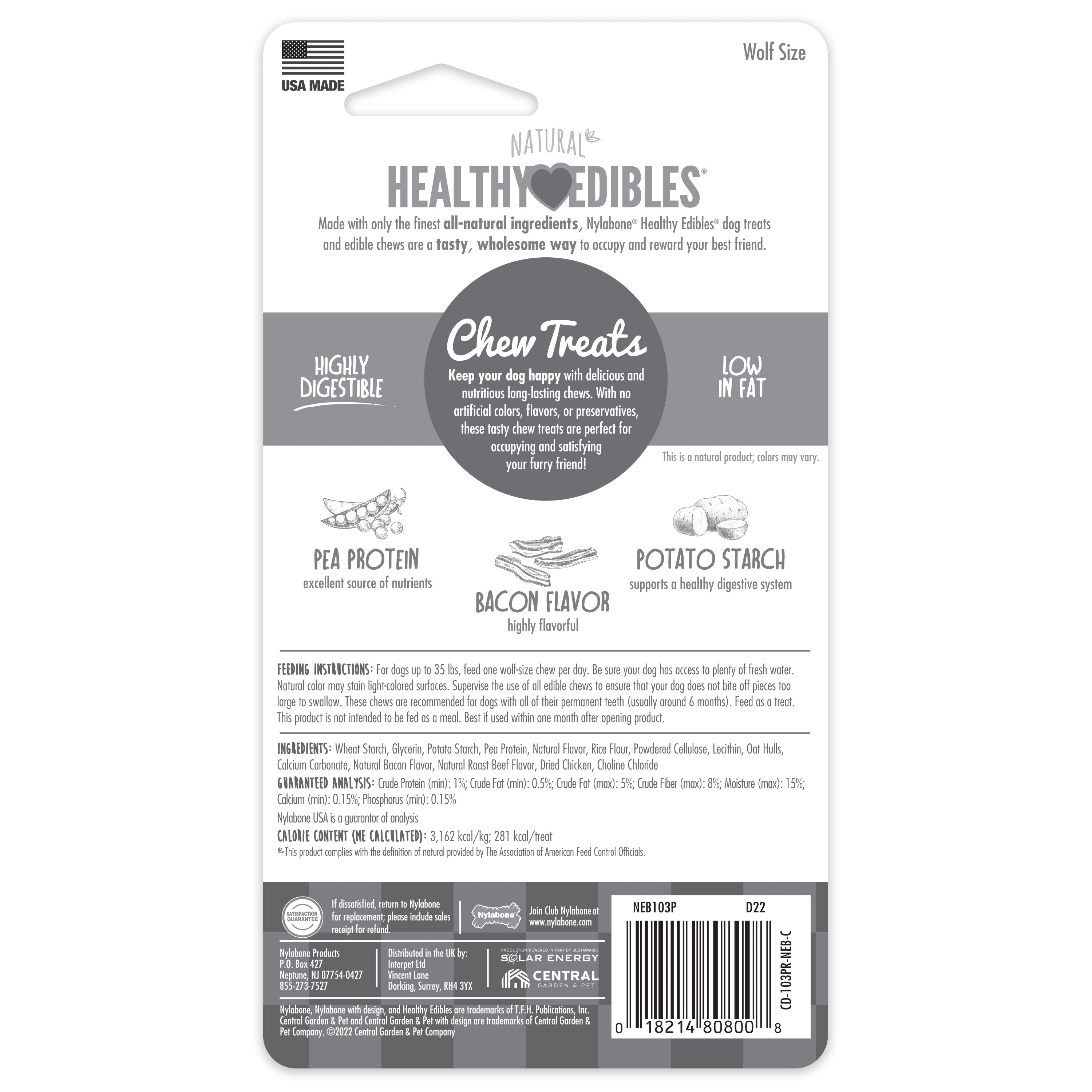 Nylabone Healthy Edibles AllNatural Long Lasting Bacon Chew Treats Bacon, Medium/Wolf Up To 35 Lbs. 1 ct