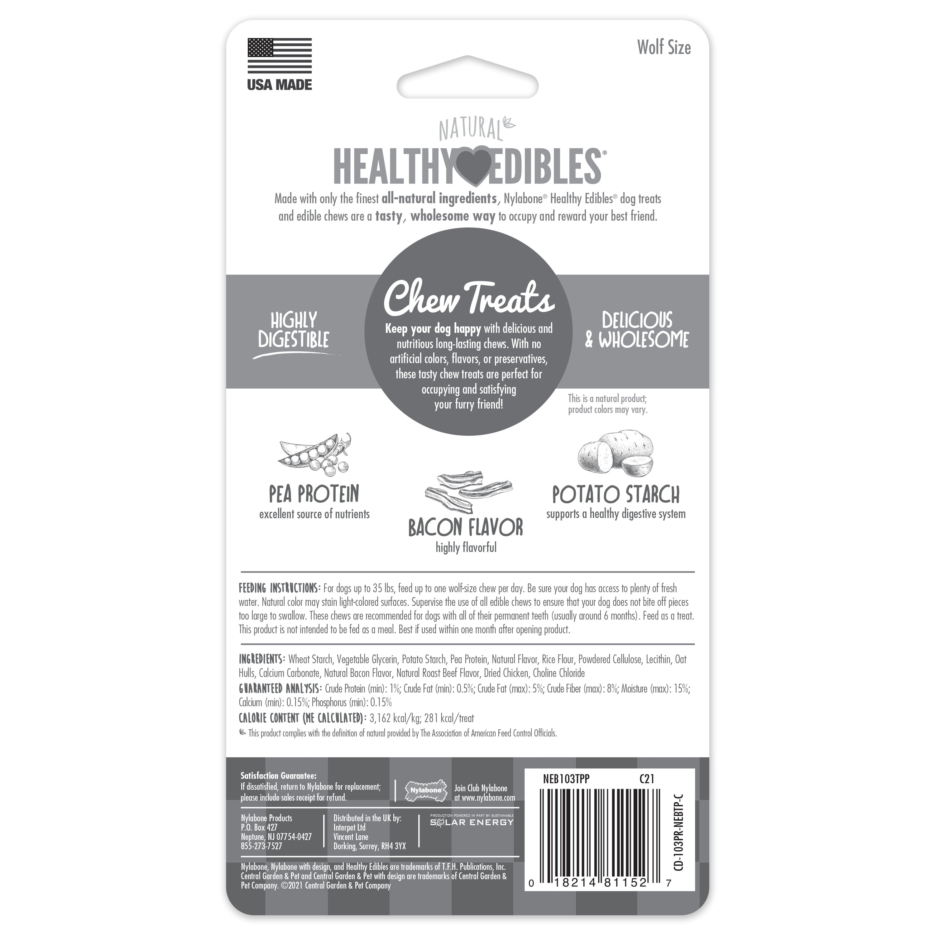 Nylabone Healthy Edibles AllNatural Long Lasting Bacon Chew Treats Bacon, Medium/Wolf Up To 35 Lbs. 2 ct