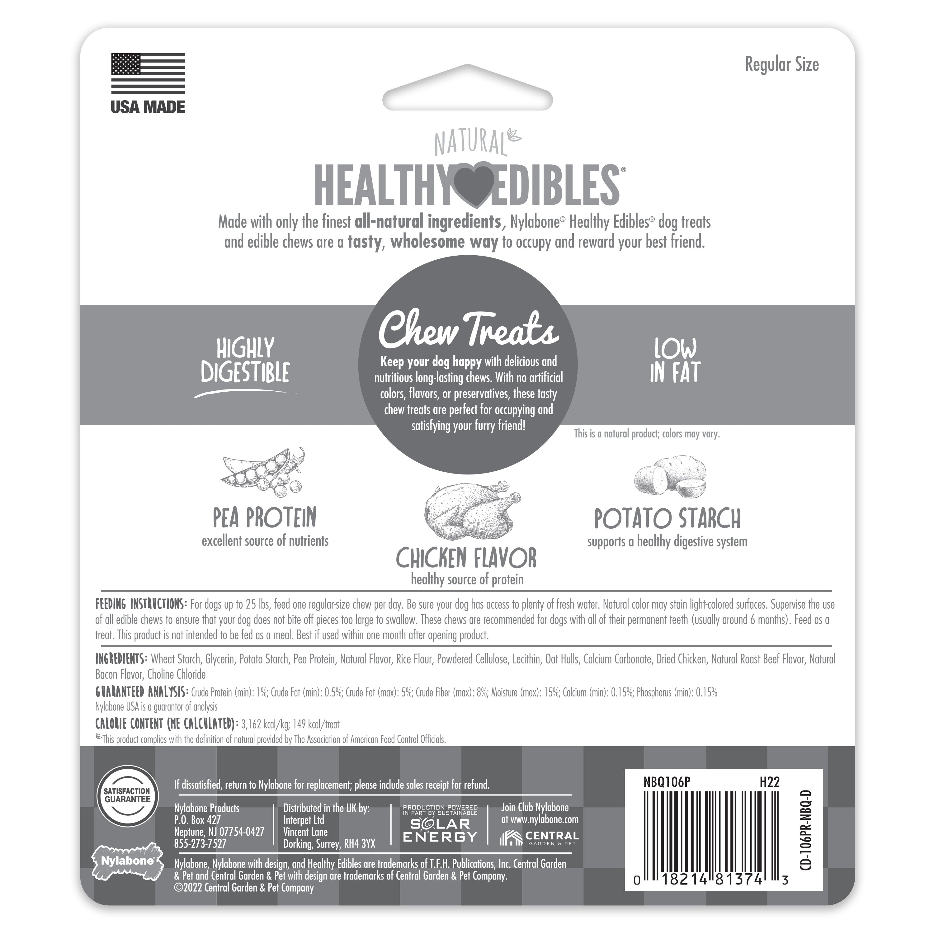 Nylabone Healthy Edibles AllNatural Long Lasting Chicken Dog Chew Treats Chicken, SMall/Regular Up To 25 Ibs. 3 ct