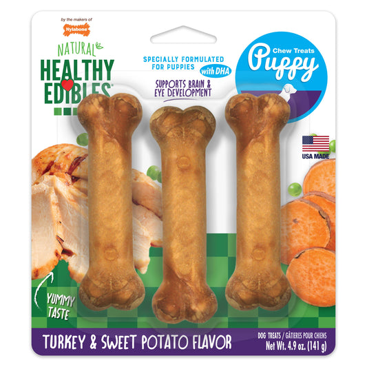 Nylabone Healthy Edibles Puppy Turkey Sweet Potato Dog Chew Treats Turkey Sweet Potato, SMall/Regular Up To 25 Ibs. 3 ct