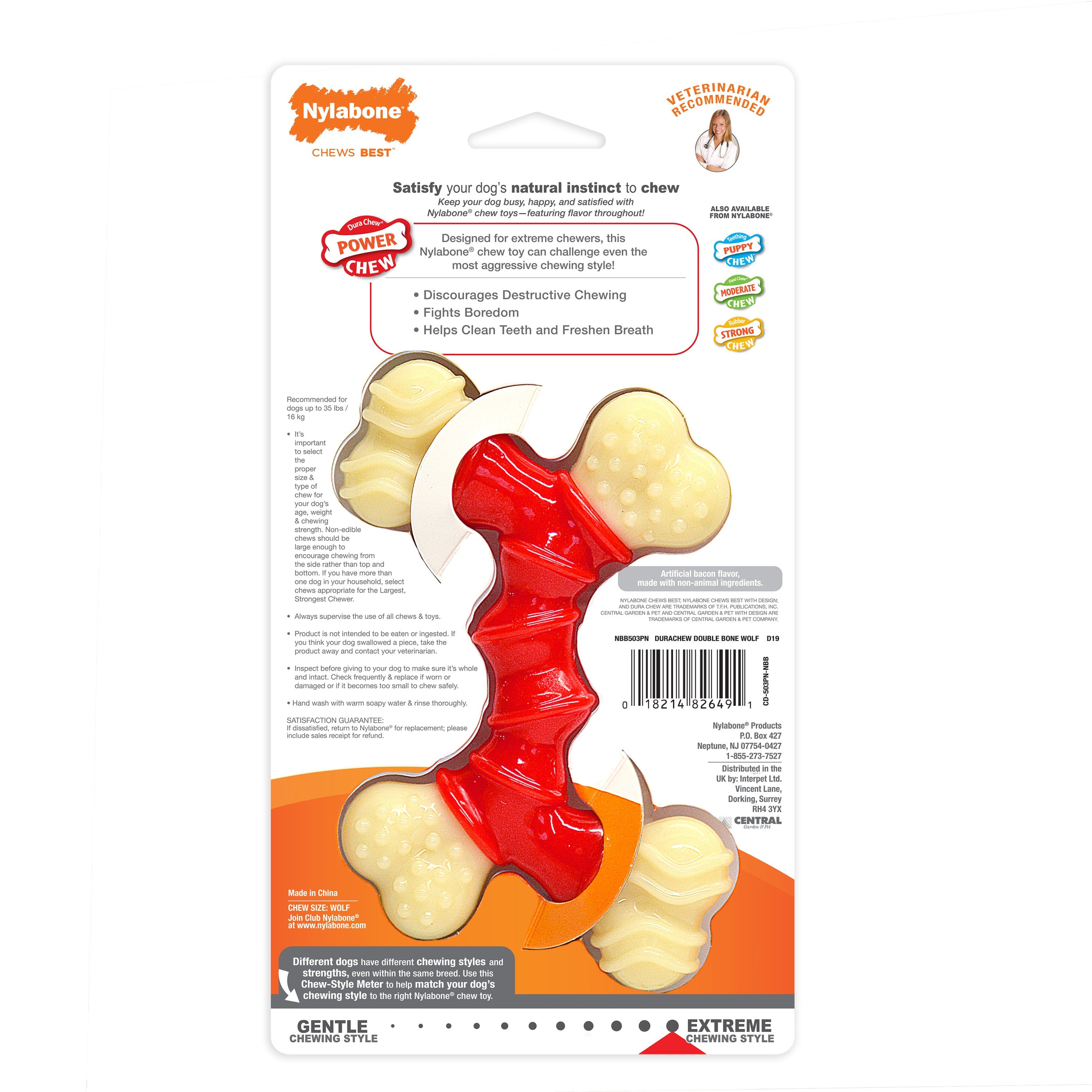 Nylabone Power Chew Double Bone Bacon Dog Chew Toy Peanut Butter 1ea/Medium/Wolf - Up To 35 lb
