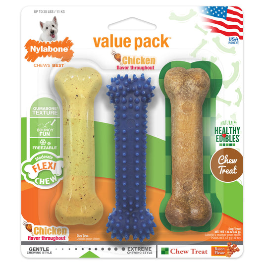 Nylabone Healthy Edibles and Flexi Chew Value Pack Variety, SMall/Regular Up To 25 Ibs. 3 ct
