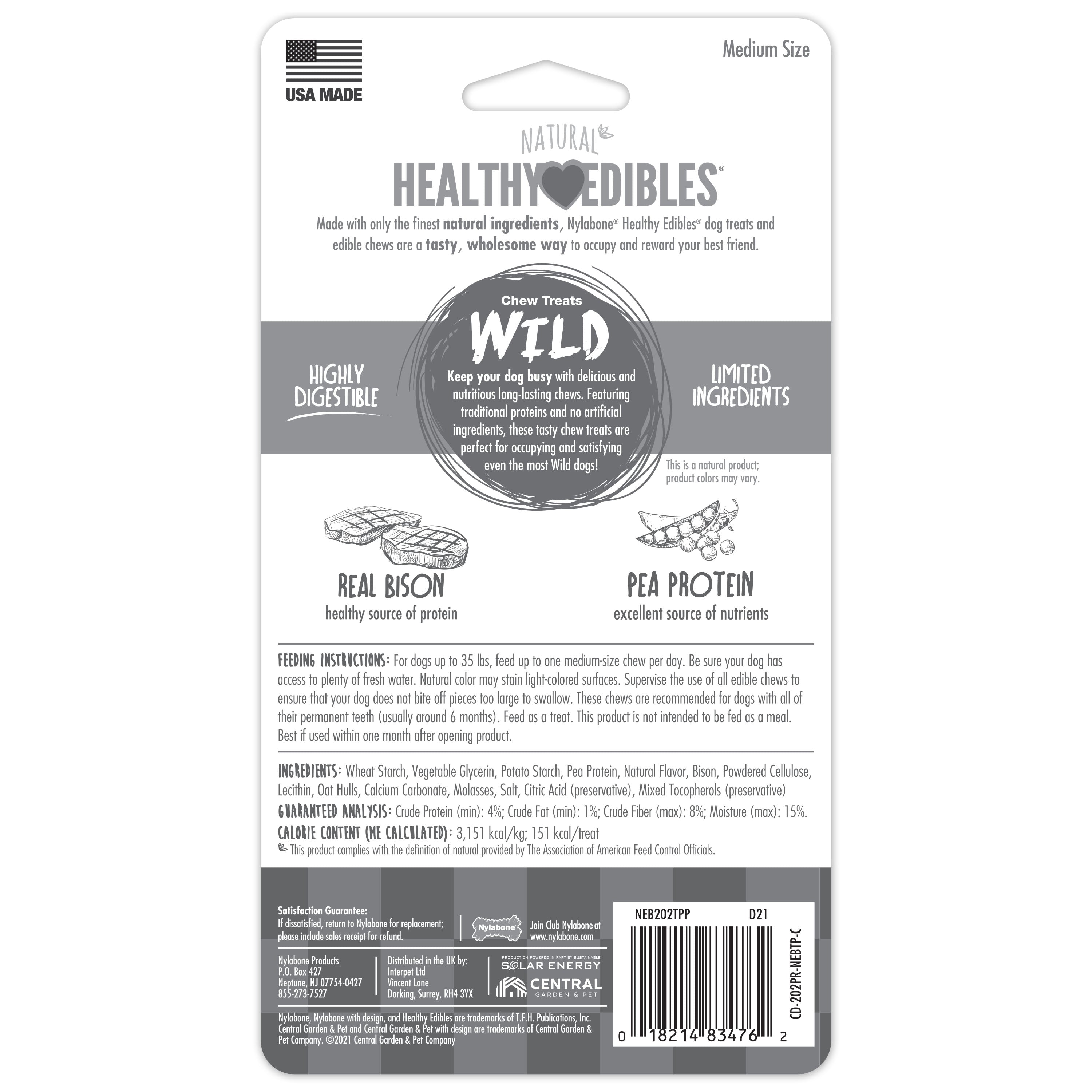 Nylabone Healthy Edibles WILD Natural Long Lasting Bison Dog Chew Treats Bison, Medium/Wolf Up To 35 Lbs. 2 ct
