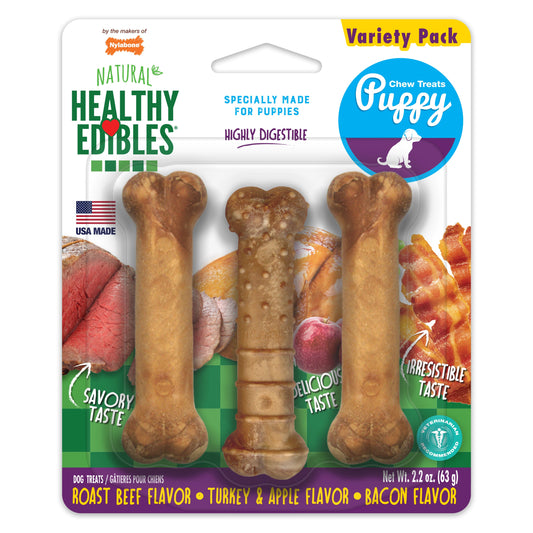 Nylabone Healthy Edibles Puppy Natural Long Lasting Variety Dog Chew Treats Roast Beef, Turkey, Apple, Bacon, XS/Petite Up To 15 Lbs. 3 ct