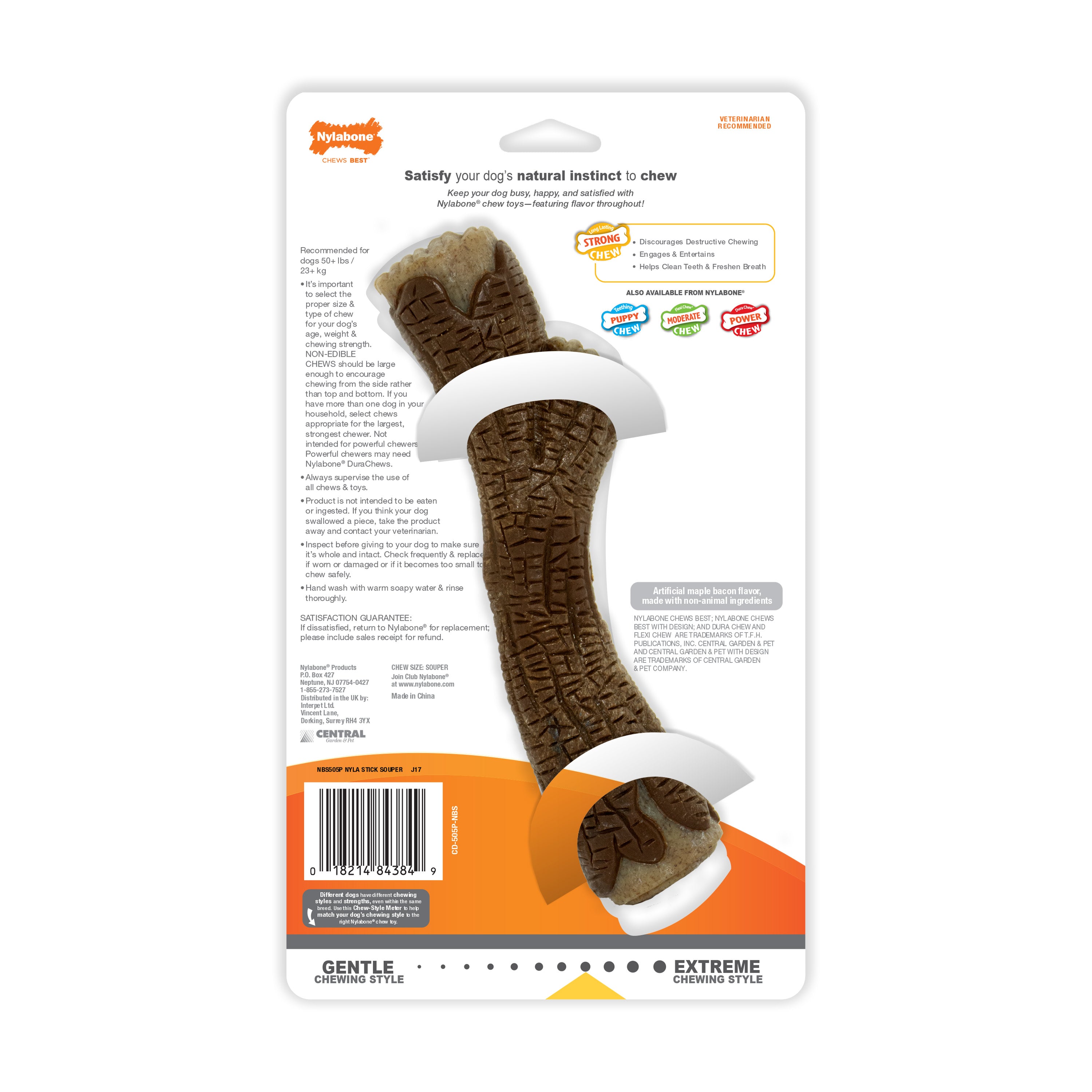Nylabone Strong Chew Real Wood Dog Stick Toy Maple Bacon 1ea/XL/Souper - 50+ lb