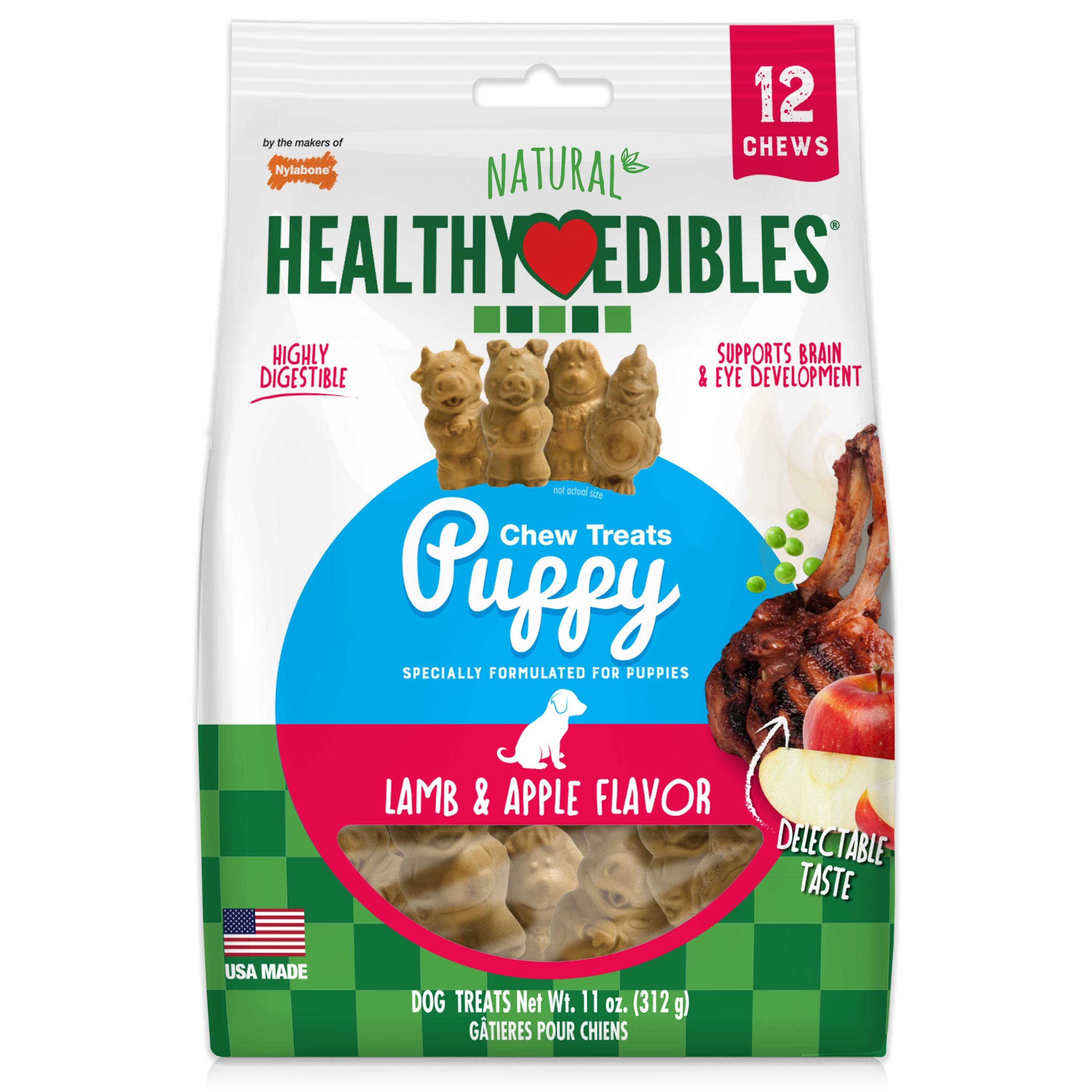 Nylabone Healthy Edibles Puppy AnimalShaped Lamb Apple Dog Chew Treats Lamb Apple, SMall/Regular Up To 25 Ibs. 12 ct