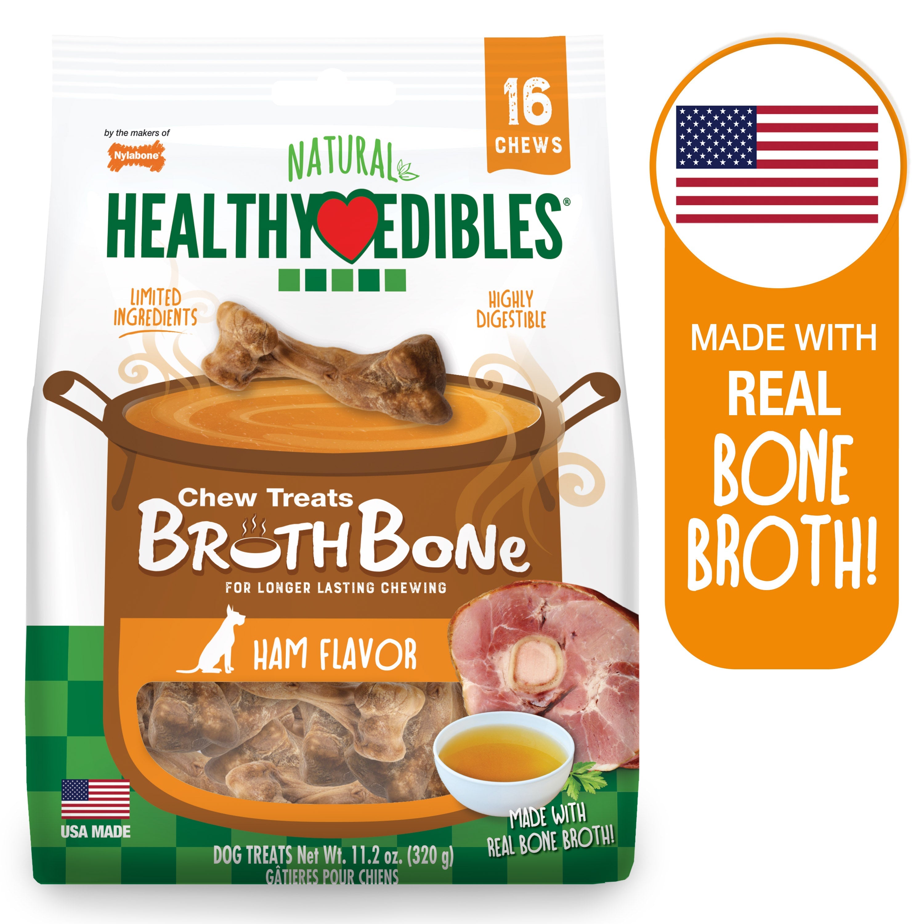 Nylabone Healthy Edibles Broth Bone Natural Dog Treats 16 count, Regular Up To 25 Ibs.