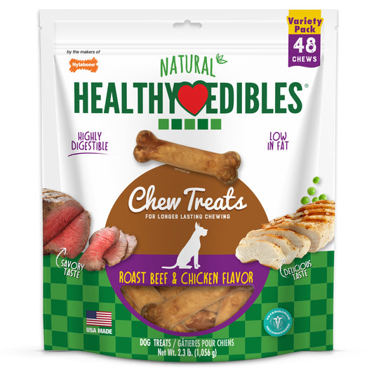 Nylabone Healthy Edibles AllNatural Long Lasting Roast Beef and Chicken Dog Chew Treats Roast Beef Chicken, XS/Petite Up To 15 Lbs. 48 ct