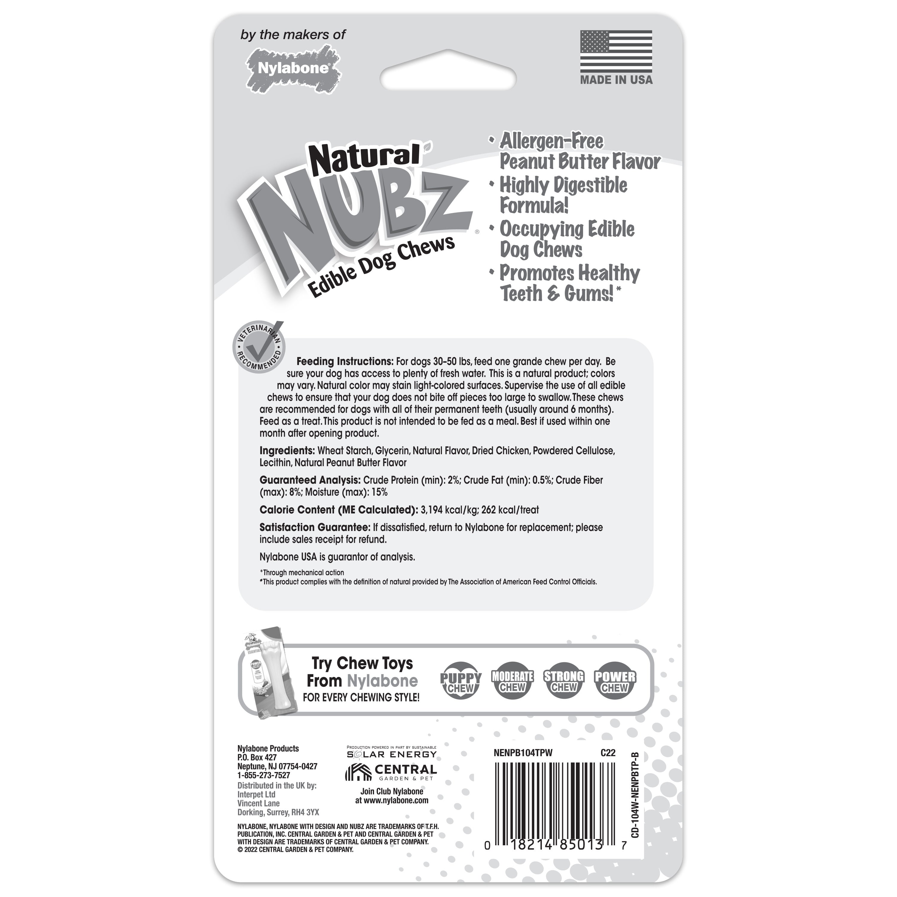 Nylabone Natural Nubz Dog Treats, AllergenFree Peanut Butter Peanut Butter, Jumbo Up To 50 Lbs. 2 ct