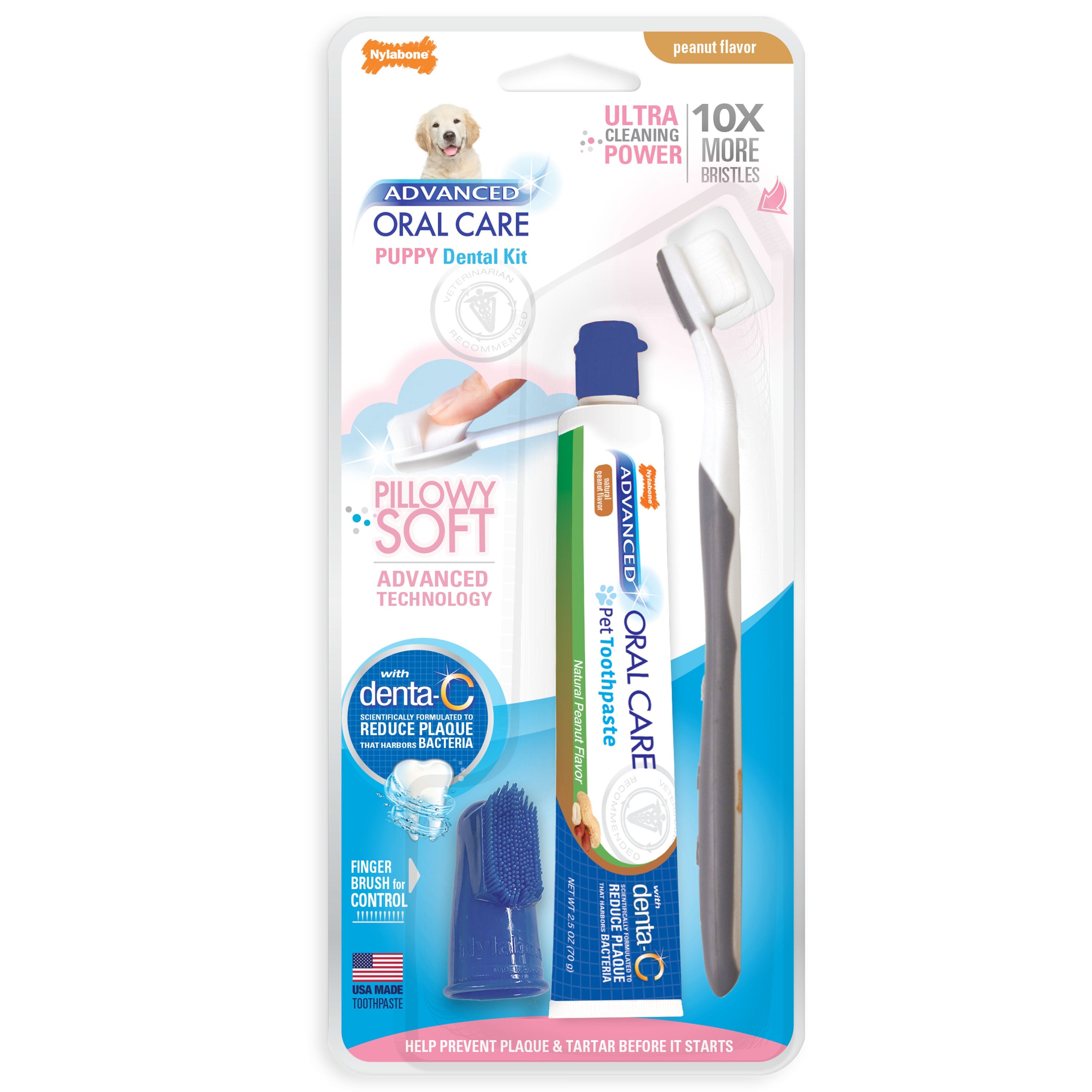 Nylabone Advanced Oral Care Puppy Dental Kit with Pillowy Soft-Bristle Toothbrush Peanut Butter 1ea