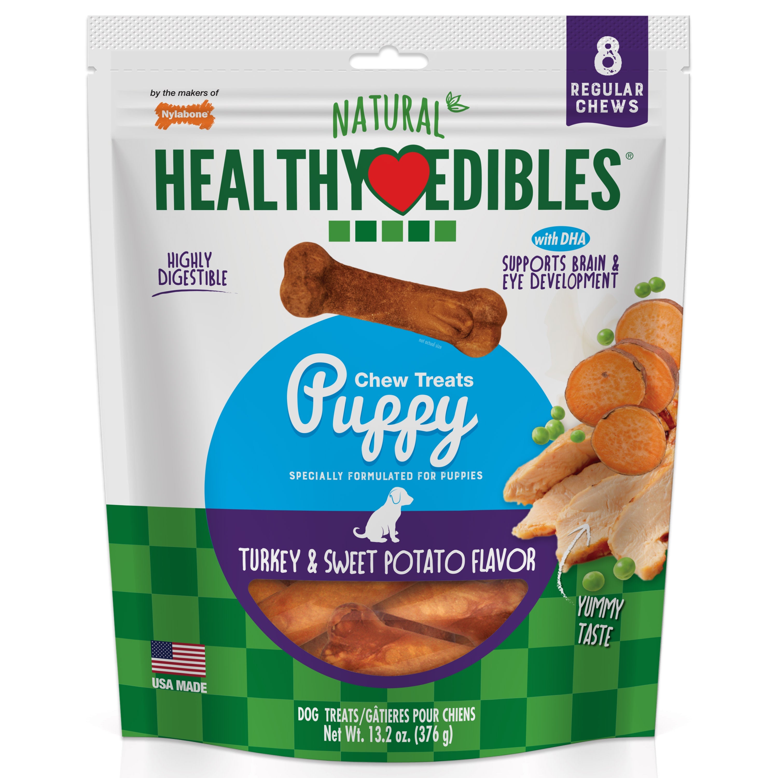 Nylabone Healthy Edibles Puppy Turkey Sweet Potato Dog Chew Treats Turkey Sweet Potato, SMall/Regular Up To 25 Ibs. 8 ct