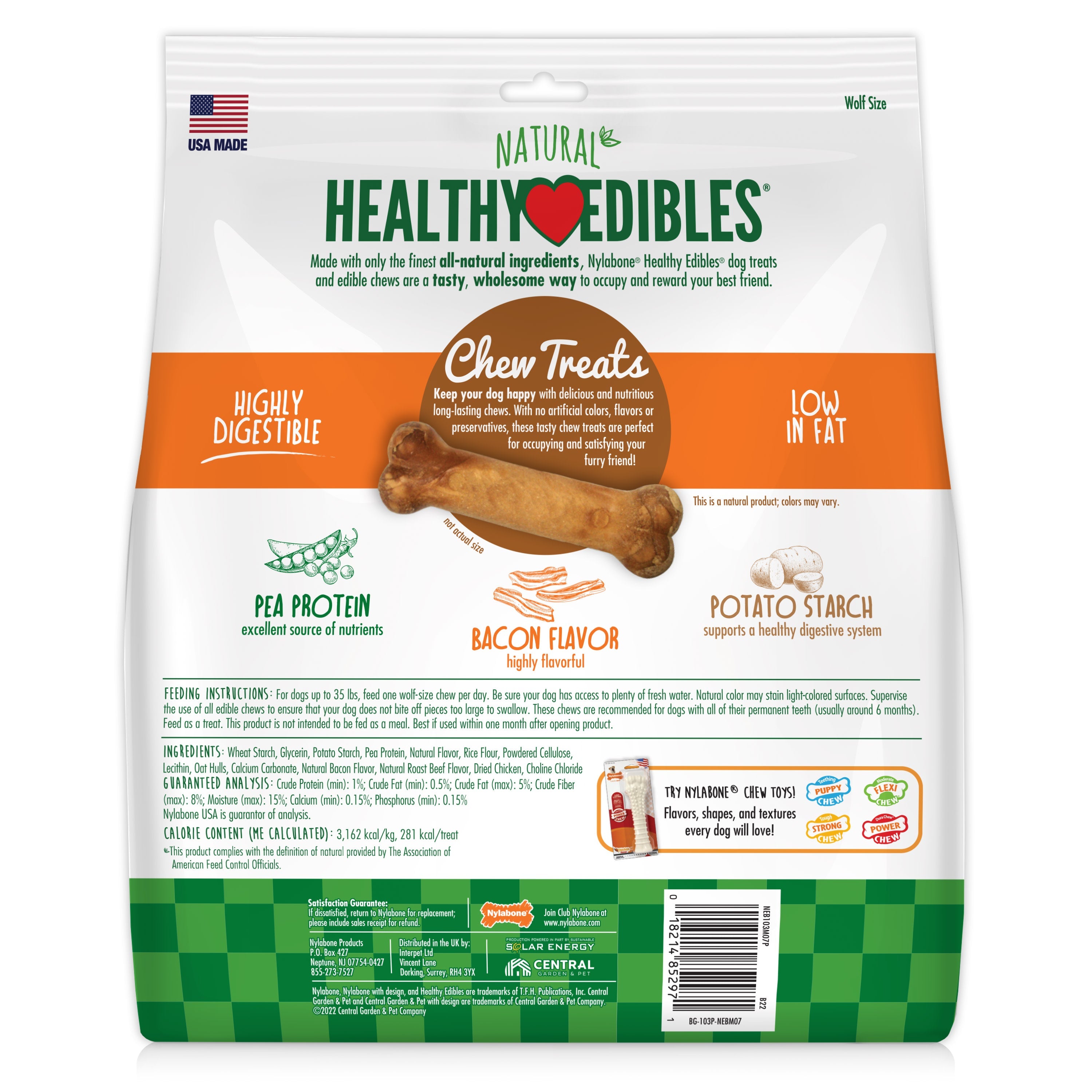 Nylabone Healthy Edibles AllNatural Long Lasting Bacon Chew Treats Bacon, Medium/Wolf Up To 35 Lbs. 7 ct