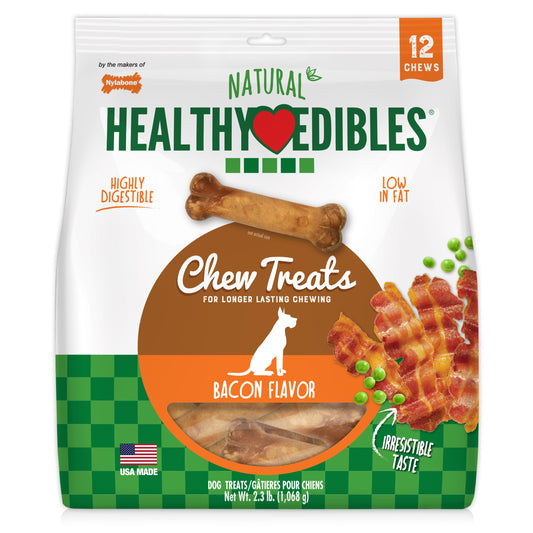 Nylabone Healthy Edibles AllNatural Long Lasting Bacon Chew Treats Bacon, Medium/Wolf Up To 35 Lbs. 12 ct