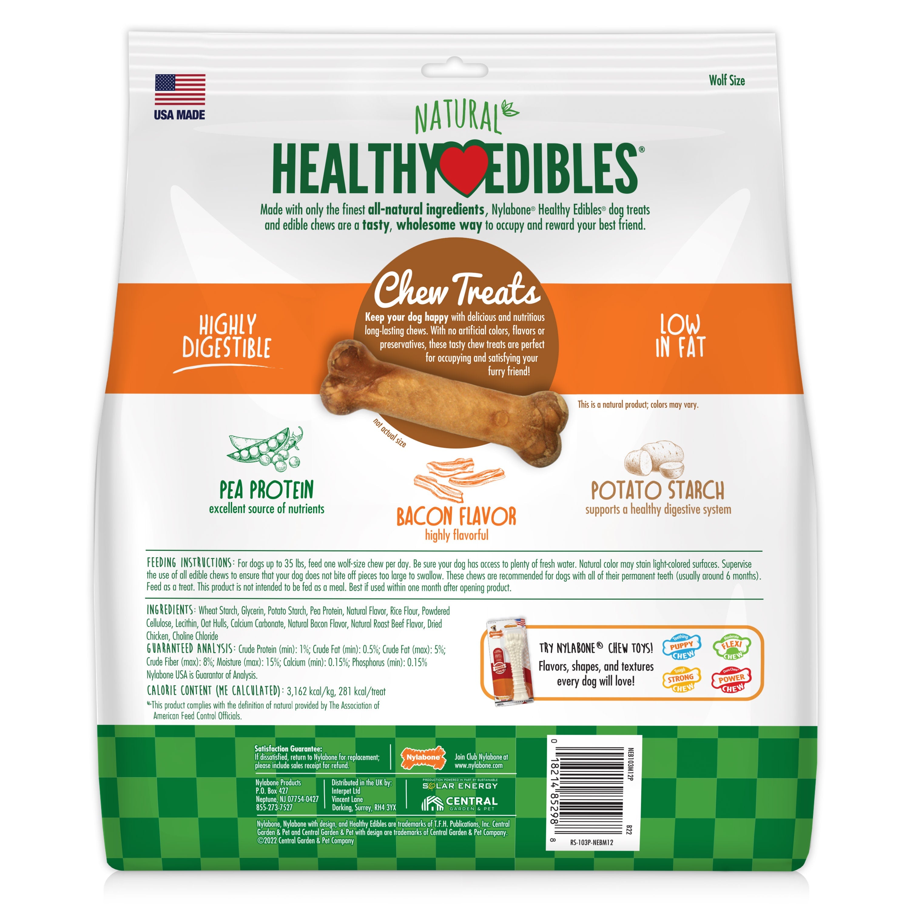 Nylabone Healthy Edibles AllNatural Long Lasting Bacon Chew Treats Bacon, Medium/Wolf Up To 35 Lbs. 12 ct