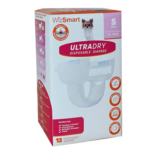 WizSmart Ultra Dry Disposable Dog Diapers, Small, 12 Pack – Leak-Proof Pet Diaper with Tail Hole & Adjustable Tape Tabs, Puppy & Adult Dog, Travel, Heat Cycle, Overnight Protection