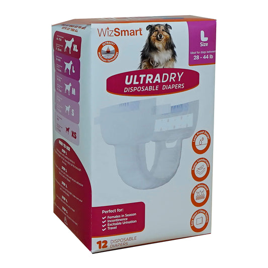 WizSmart Ultra Dry Disposable Dog Diapers, Large, 12 Pack – Leak-Proof Pet Diaper with Tail Hole & Adjustable Tape Tabs, Puppy & Adult Dog, Travel, Heat Cycle, Overnight Protection