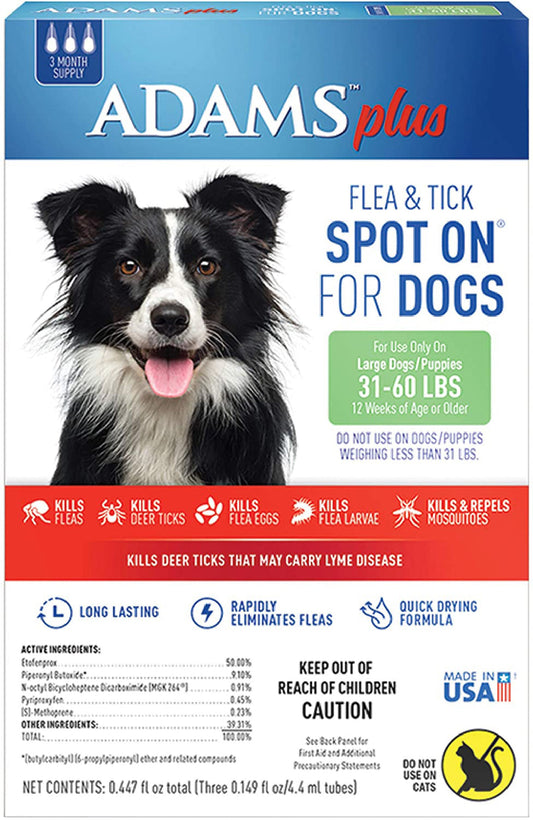 Adams Plus Flea Tick Prevention Spot On for Dogs 3 Month Supply, Clear, 1ea/Large Dogs 31 To 60 lb