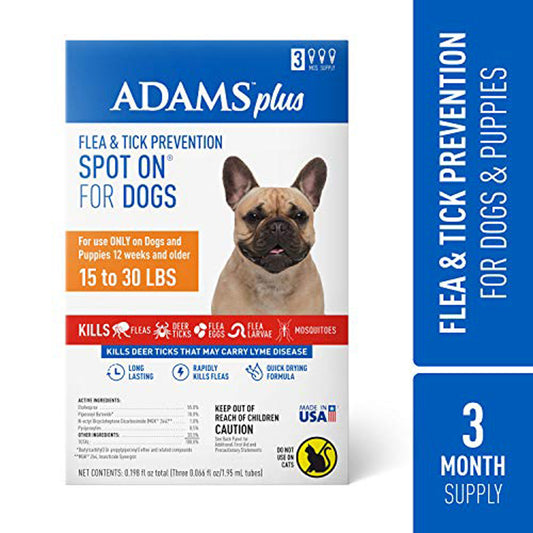 Adams Plus Flea Tick Prevention Spot On for Dogs 3 Month Supply, Clear, 1ea/Medium Dogs 15 To 30 lb