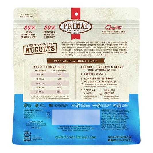 Primal Dog Freeze-Dried Duck Made With Turkey & Fish Formula Nuggets 14oz.