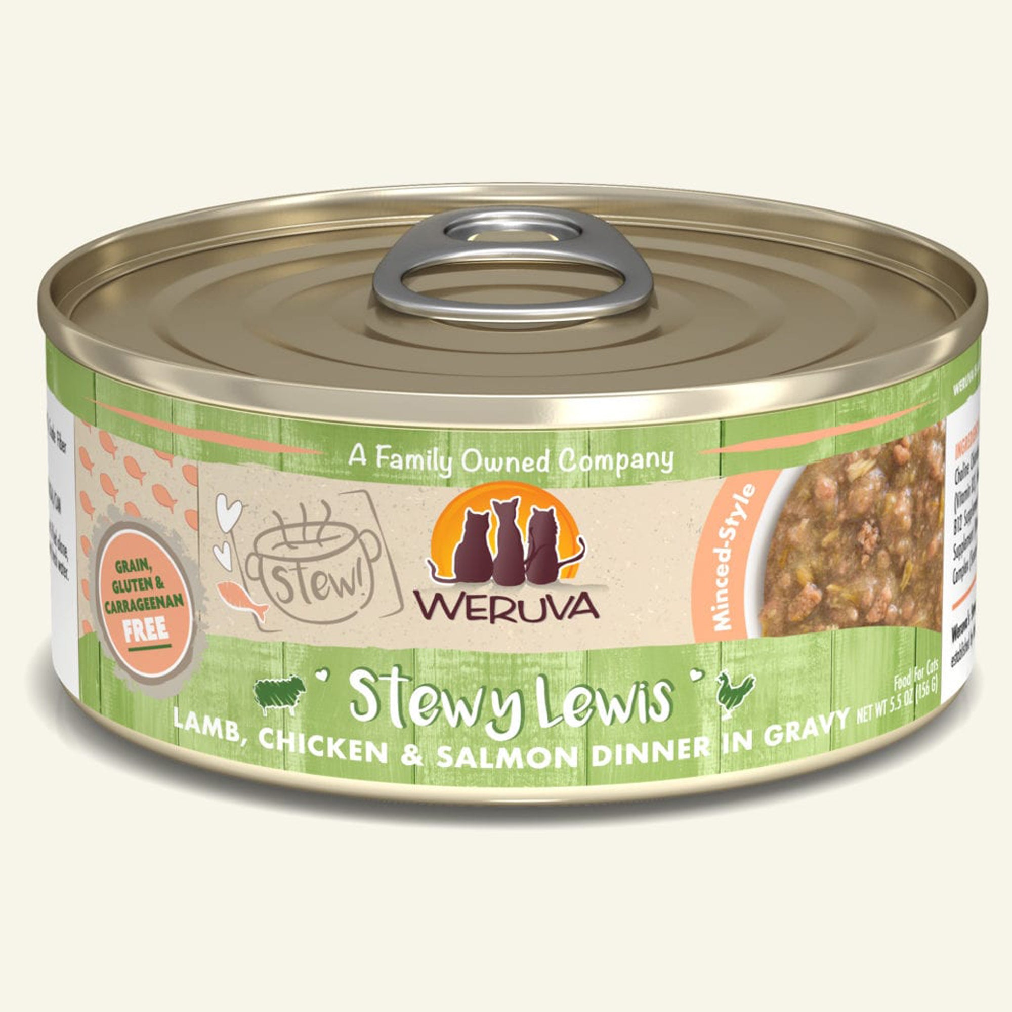 Weruva Cat Stewy Lewis Lamb; Chicken and Salmon Dinner in Gravy 5.5oz (Case Of 8)