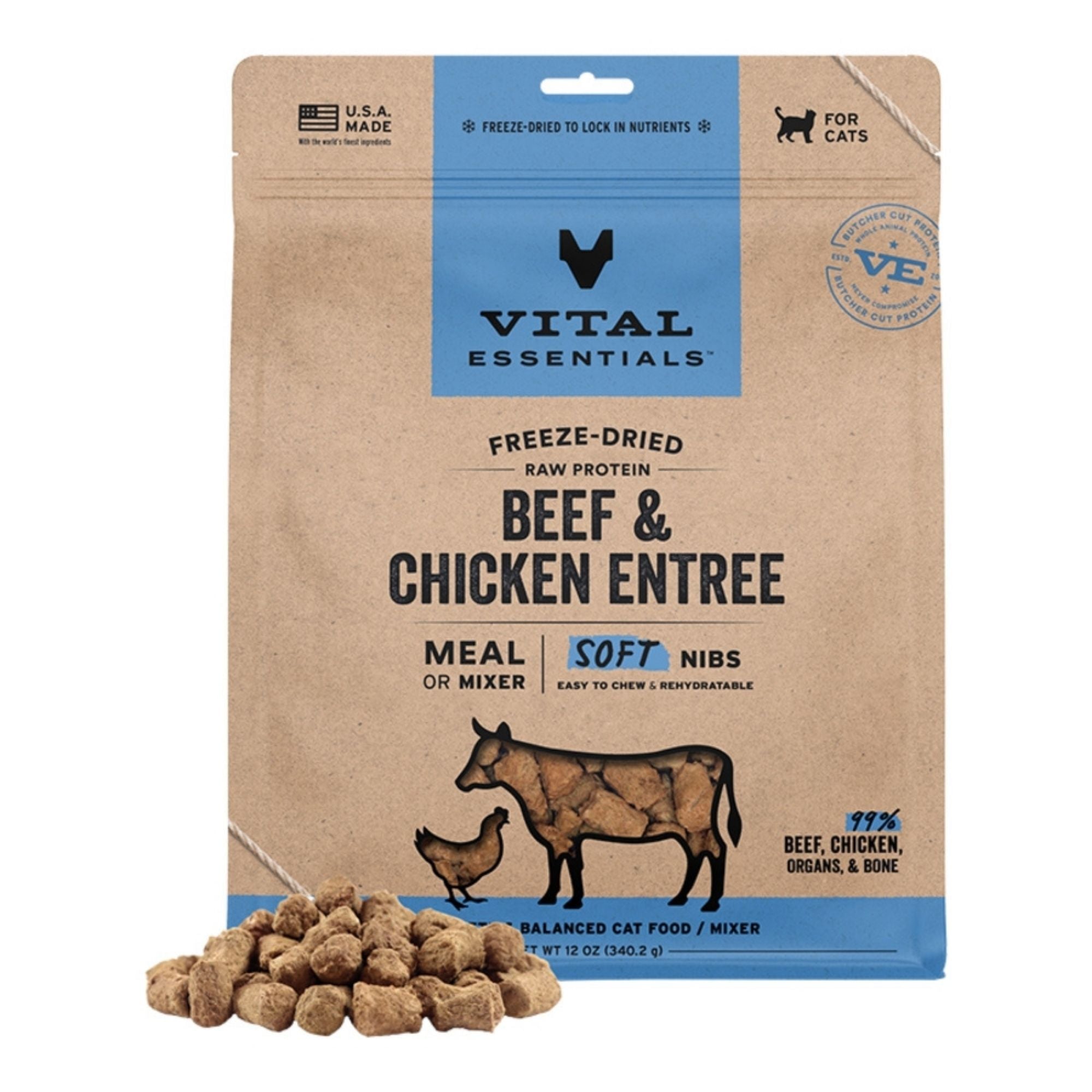 Vital Essentials Cat Freeze-Dried Raw Grain Free Beef & Chicken Entree & Mixer Soft Nibs 12oz.