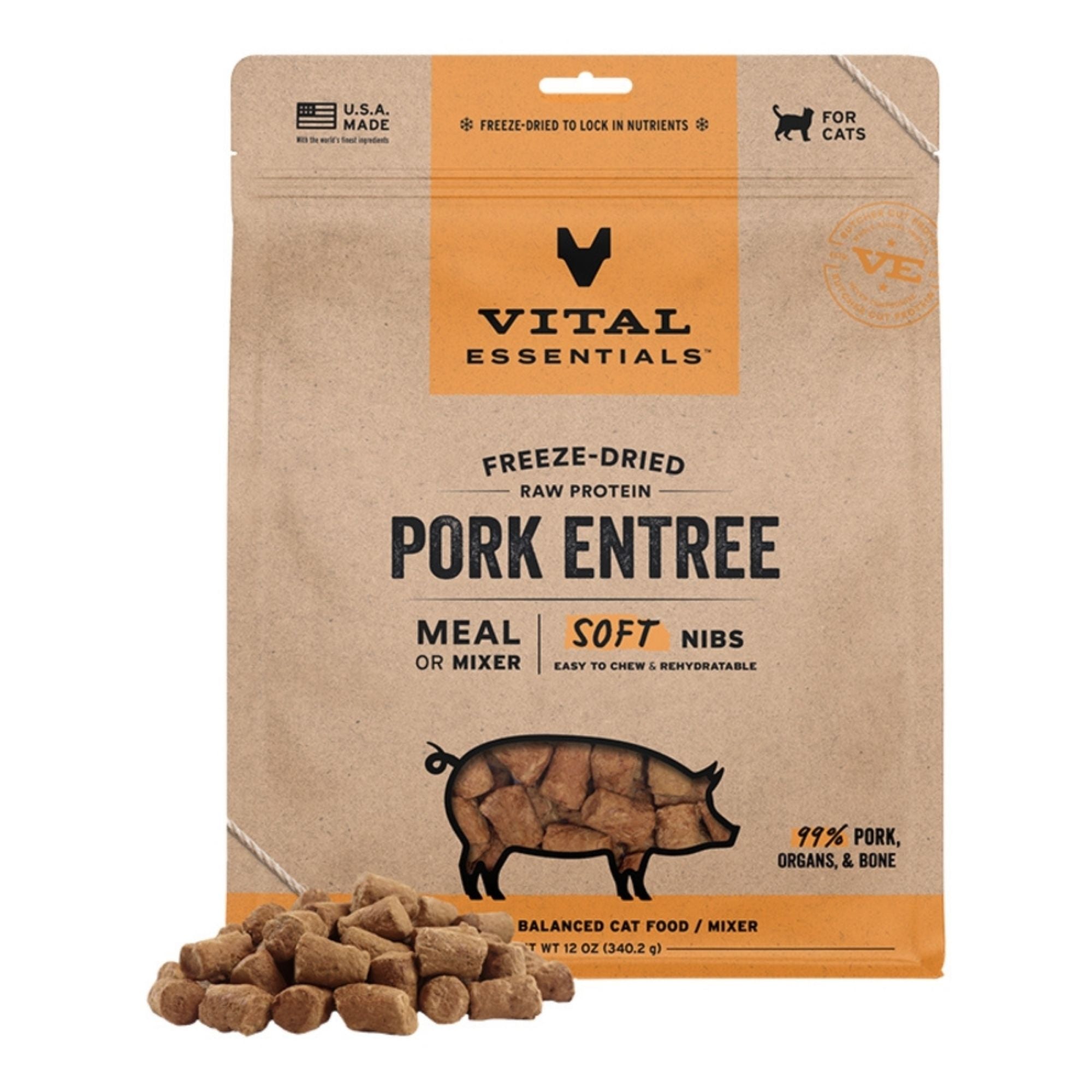 Vital Essentials Cat Freeze-Dried Raw Grain Free Pork Entree & Mixer Soft Nibs 12oz.