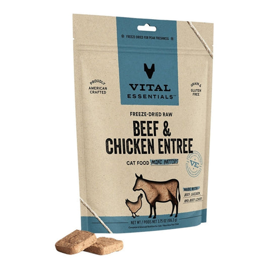 Vital Essentials Cat Freeze-Dried Raw Grain Free Beef & Chicken Entree Mini Patties 3.75oz.