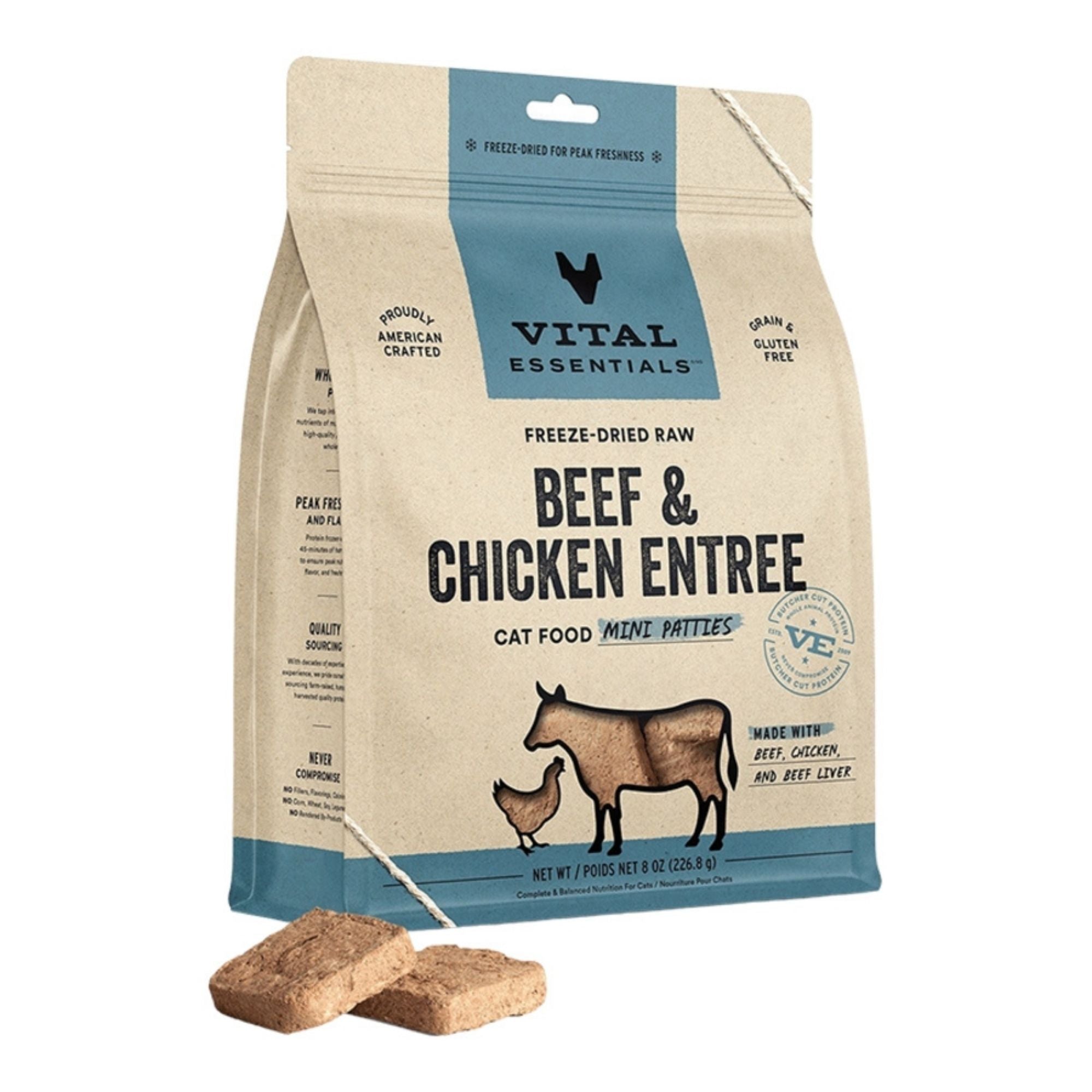 Vital Essentials Cat Freeze Dried Mini Patties Beef Chicken 8oz.