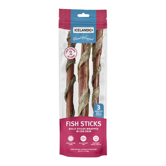 Icelandic Dog Bully Stick Wrapped With Fish Skin 12 Inch - 3 Pack