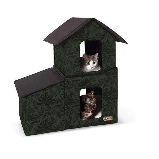 K&H Pet Products Outdoor Two-Story Kitty House with Dining Room Unheated Green 22″ x 27″ x 27″ – KH3671