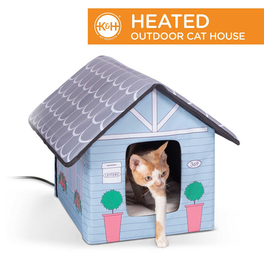 K&H Pet Products Outdoor Heated Kitty House Cat Shelter Cottage Design Blue 18″ x 22″ x 17″ – KH3911