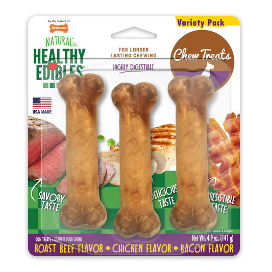 Nylabone Healthy Edibles Longer Lasting Roast Beef, Chicken and Bacon Treats Regular 3 count – NE106VPP