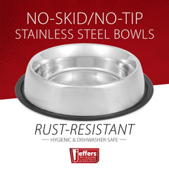 Jeffers No Skid No Tip Stainless Steel Pet Bowls for Dogs & Cats - Non-Slip Food & Water Feeder Dish with Black Rubber Base, Durable Easy to Clean Feeding Bowl for Indoor & Outdoor Use - 1 Quart