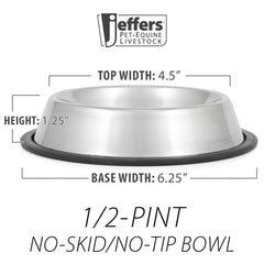 Jeffers No Skid No Tip Stainless Steel Pet Bowls for Dogs & Cats - Non-Slip Food & Water Feeder Dish with Black Rubber Base, Durable Easy to Clean Feeding Bowl for Indoor & Outdoor Use - 1/2 Pint