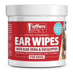 Jeffers Ear Cleaning Wipes for Dogs & Puppies, 100 Count, Alcohol Free, Dog Ear Wipes with Aloe Vera & Eucalyptus Oil, Foaming Ear Cleanser Pads for Wax Buildup, Dirt & Odor, Made in USA