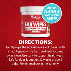 Jeffers Ear Cleaning Wipes for Dogs & Puppies, 100 Count, Alcohol Free, Dog Ear Wipes with Aloe Vera & Eucalyptus Oil, Foaming Ear Cleanser Pads for Wax Buildup, Dirt & Odor, Made in USA