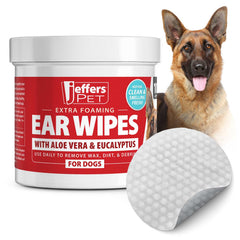 Jeffers Ear Cleaning Wipes for Dogs & Puppies, 100 Count, Alcohol Free, Dog Ear Wipes with Aloe Vera & Eucalyptus Oil, Foaming Ear Cleanser Pads for Wax Buildup, Dirt & Odor, Made in USA