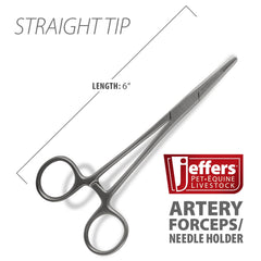 Jeffers Stainless Steel Artery Forceps Needle Holder, Locking Hemostat Veterinary Surgical Instrument, Stainless Steel Clamp, Suture Tool, Ligation Forceps, Vet Medical Tool - Straight Tip 6"