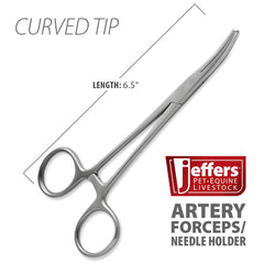Jeffers Stainless Steel Artery Forceps Needle Holder, Locking Hemostat Veterinary Surgical Instrument, Stainless Steel Clamp, Suture Tool, Ligation Forceps, Vet Medical Tool - Curved 6.5"