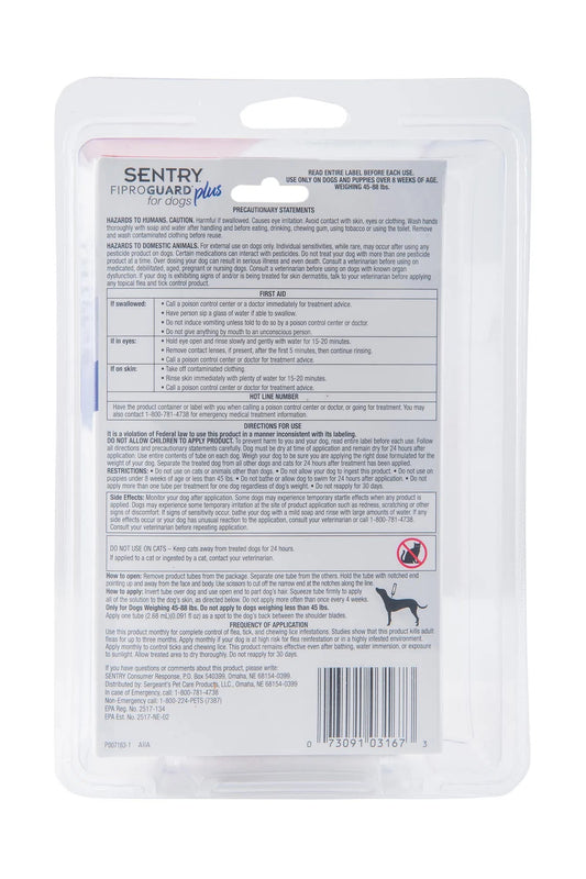 Sentry FiproGuard Plus Dog Flea & Tick Spot-On - 45-88 lb. - 6 count