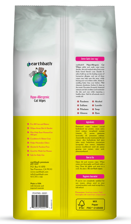EARTHBATH Cat Wipes Hypo-Allergenic Fragrance Free 100ct