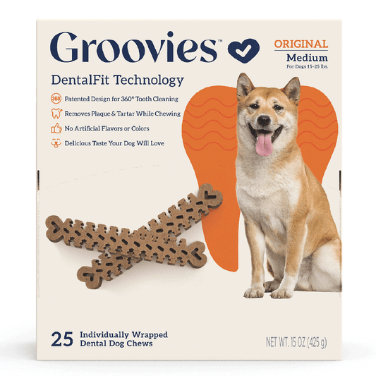 GROOVIES مكافآت أسنان للكلاب، علبة متوسطة الحجم، ٢٥ قطعة