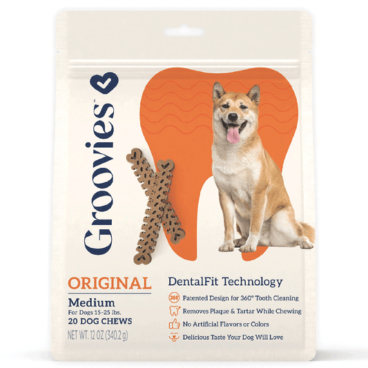 GROOVIES مكافآت أسنان للكلاب 12 أونصة متوسطة 20 قطعة
