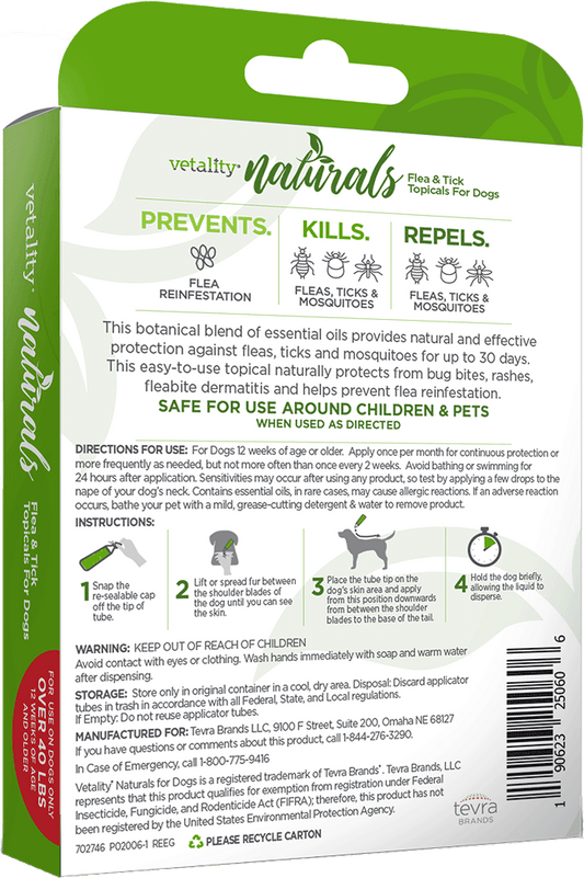 *TEVRA Vetality Naturals Flea & Tick Topical for Dogs 40+ lbs 3pk