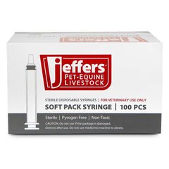 Jeffers Luer Slip Syringes, Box of 100, Plastic Veterinary Syringes w/ Reinforced Tip for Dogs, Cats, Horses, Livestock, & Poultry, Large Finger Grips, Rubber Plunger, Autoclavable, No Needles - 6mL