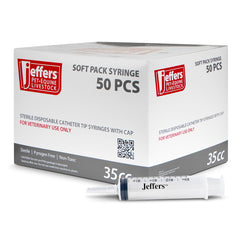Jeffers 5 mL Catheter Tip Syringe Soft Pack – Veterinary Feeding & Medication Syringe for Pets, Livestock, Dogs, Cats, – Extended Tip, Easy Read mL/.cc & oz Markings, Safe Travel Use - Box of 50